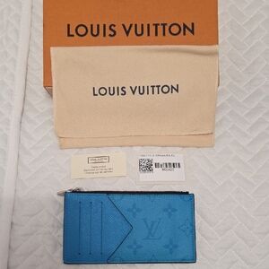 Auth Louis Vuitton Azure Taigarama Monogram Coin Card Holder Rare Color, EUC